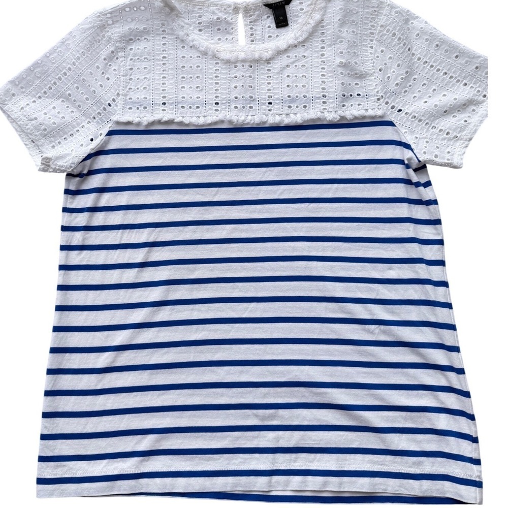 J.Crew Womens XS Mixed Media Eyelet Lace Striped Short Sleeve Top Blue White - Picture 10 of 10